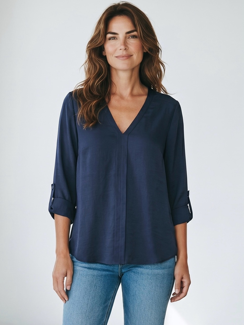 Express Navy V-Neck Satin Roll Tab Blouse Size XL